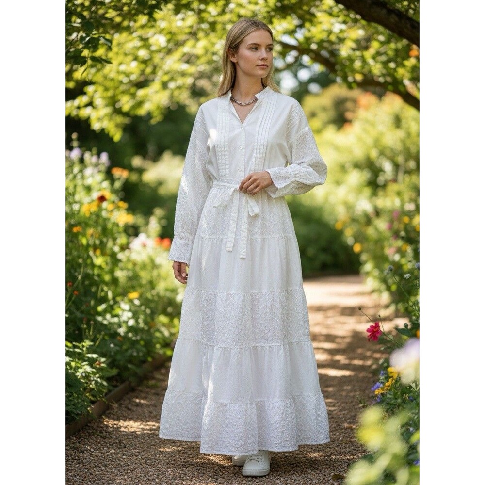 Dressed in  White Embroidered Prairie Maxi Dress Cottagecore Victorian PXL  long